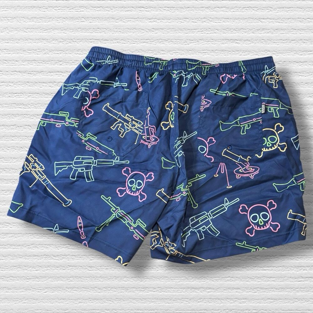 Savage Tacticians Swim Trunks XL Blue Neon Skull Rifle Tactical Board Shorts - Picture 6 of 8